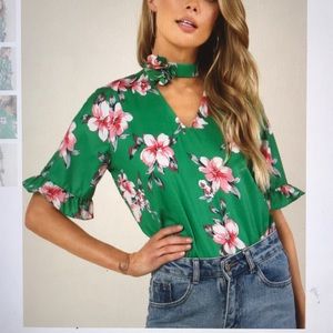 Ruffle Cuff Floral Green Blouse